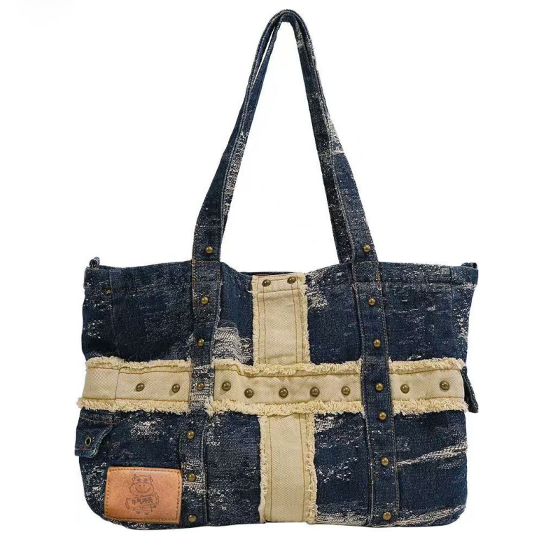 Denim tote torba s remenom za rame, riveti, vintage stil, velik kapacitet