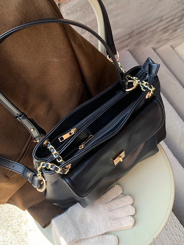 Crna tote torba s lancem, korejskog stila, velikog kapaciteta, za rameno ili crossbody
