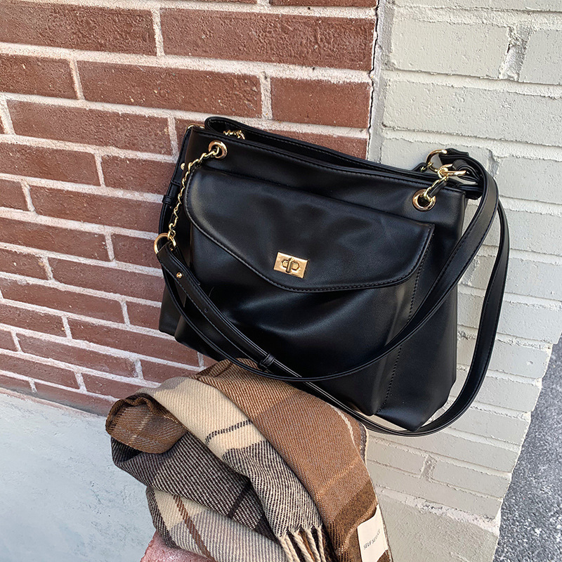Crna tote torba s lancem, korejskog stila, velikog kapaciteta, za rameno ili crossbody