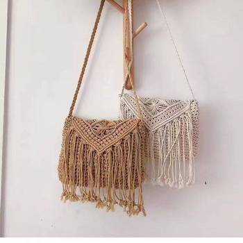 Pletena torba od pamukovne užice s resicama, etno-stil retro boho dizajn, za plažu i odmor, crossbody torba