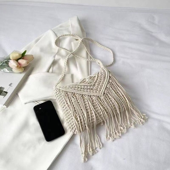 Pletena torba od pamukovne užice s resicama, etno-stil retro boho dizajn, za plažu i odmor, crossbody torba