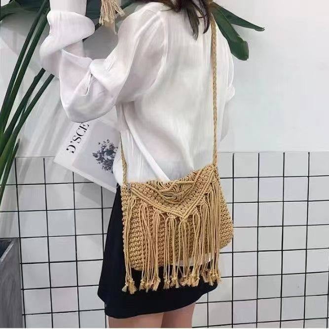 Pletena torba od pamukovne užice s resicama, etno-stil retro boho dizajn, za plažu i odmor, crossbody torba