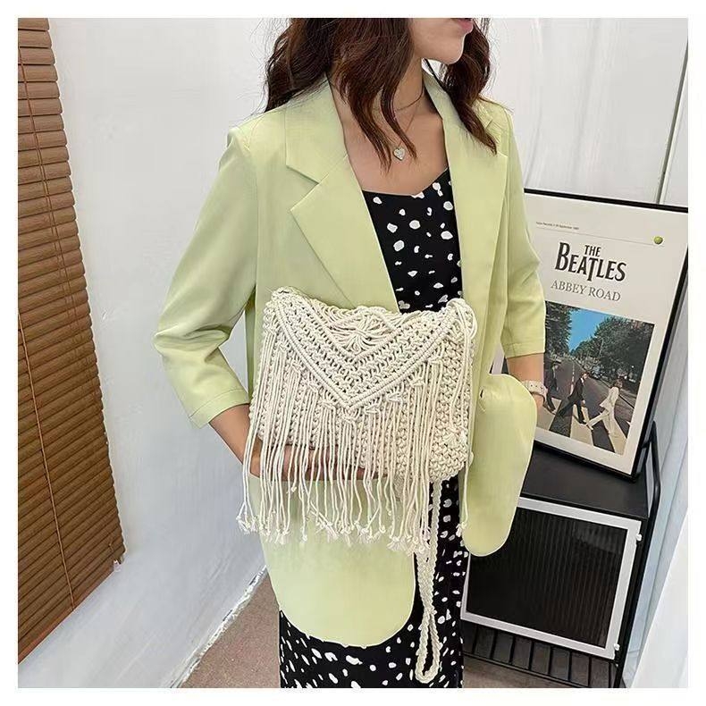 Pletena torba od pamukovne užice s resicama, etno-stil retro boho dizajn, za plažu i odmor, crossbody torba