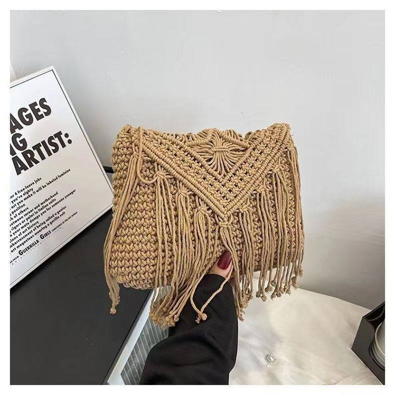 Pletena torba od pamukovne užice s resicama, etno-stil retro boho dizajn, za plažu i odmor, crossbody torba