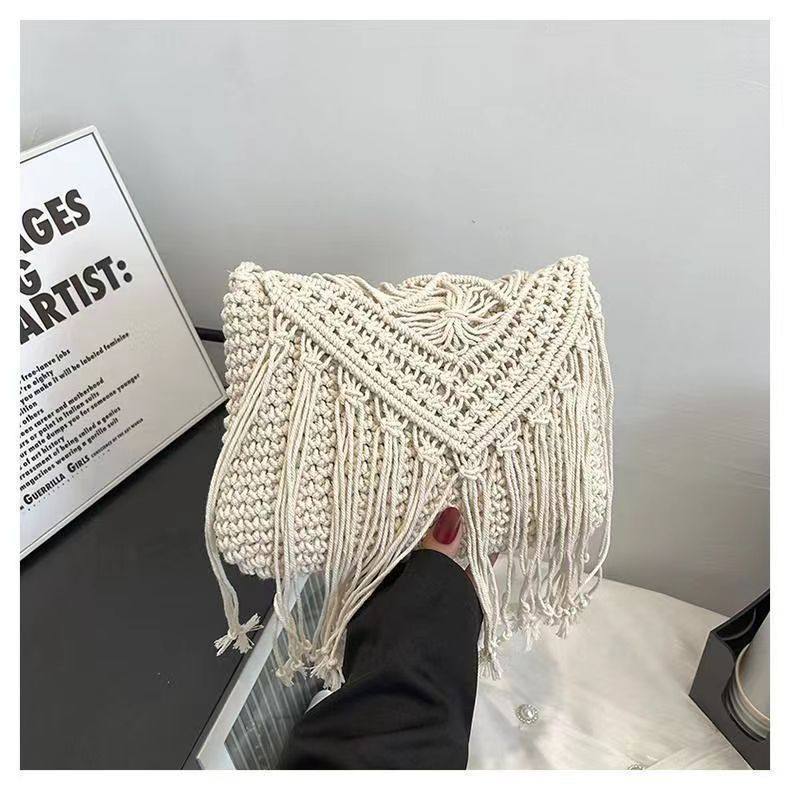 Pletena torba od pamukovne užice s resicama, etno-stil retro boho dizajn, za plažu i odmor, crossbody torba