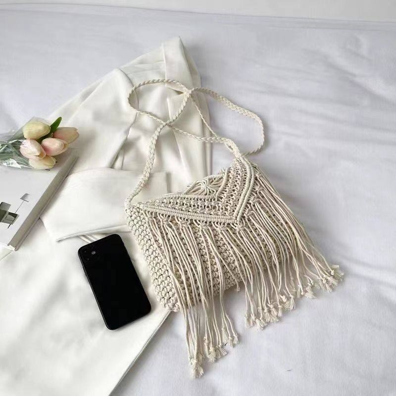 Pletena torba od pamukovne užice s resicama, etno-stil retro boho dizajn, za plažu i odmor, crossbody torba