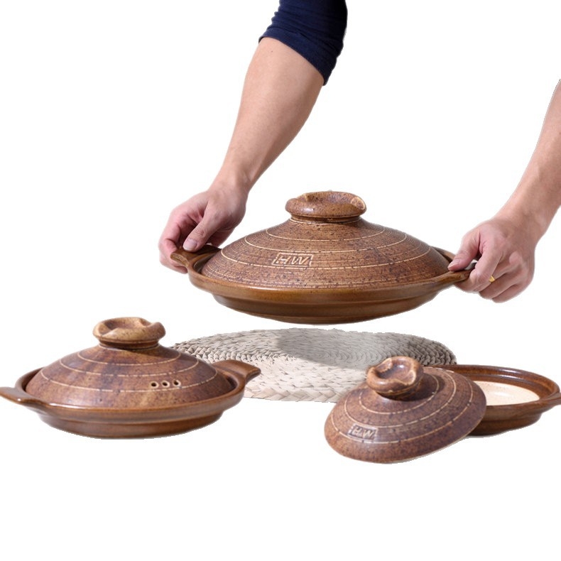 Recipient ceramic pentru gătit: orez în vas de lut, oală de supă, maro, compatibil cu plita pe gaz și plita electrică