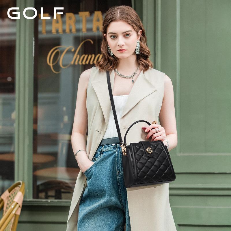 GOLF ženska torba od prave kože s romboidnim uzorkom, bucket torba, moderna i svestrana, velika zapremina, s remenom za rameno ili crossbody
