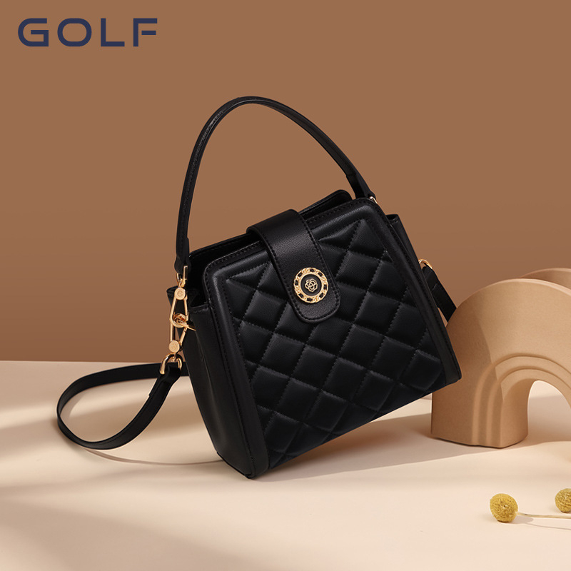 GOLF ženska torba od prave kože s romboidnim uzorkom, bucket torba, moderna i svestrana, velika zapremina, s remenom za rameno ili crossbody