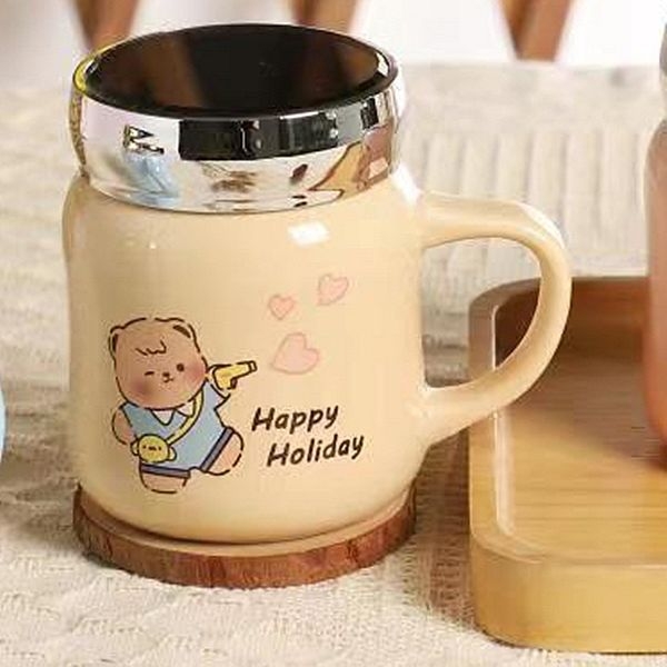 Cană ceramică cu capac și pai - cană drăguță de apă pentru fete, studente și cupluri