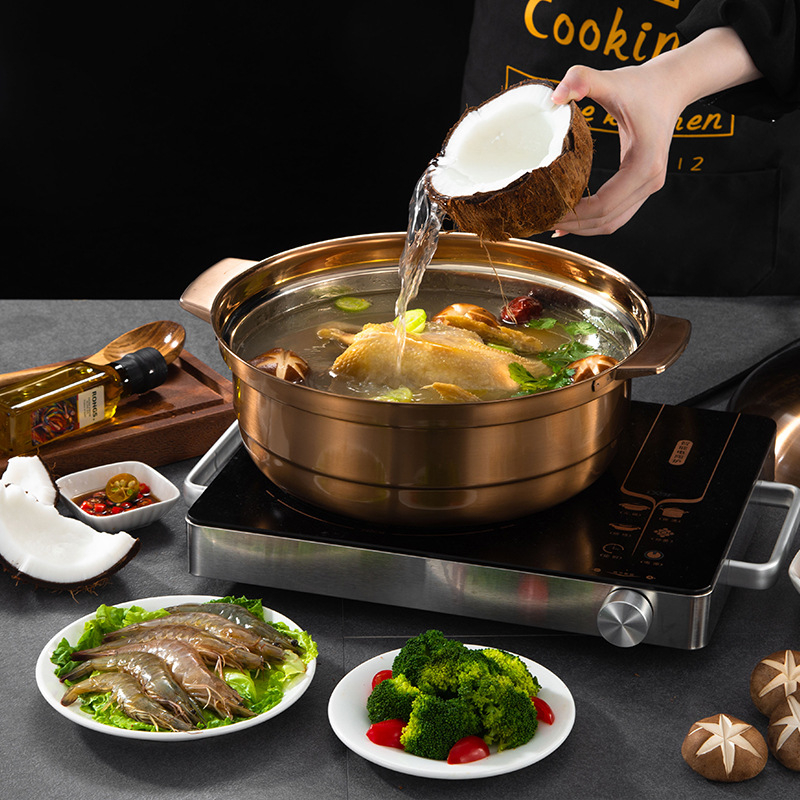 Oală de hot pot din oțel inoxidabil, cu nucleu de cupru și fund dublu, oală cu cocos-pui, oală Yuanyang cu două gusturi pentru inducție, uz casnic și comercial