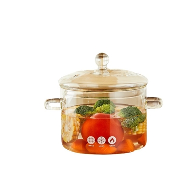 Vas de supă din sticlă borosilicată, capac, rezistent la temperaturi înalte, compatibil cu inducția, 1,1–2 L, cu mâner dublu.