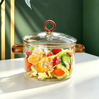 Vas din sticlă borosilicată, transparent, cu mâner roșu, pentru flacără deschisă, pentru oden, supe și tăiței, 1.1–2 L