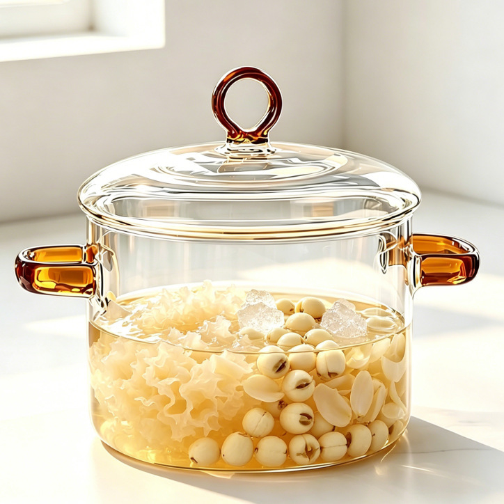 Vas din sticlă borosilicată, transparent, cu mâner roșu, pentru flacără deschisă, pentru oden, supe și tăiței, 1.1–2 L