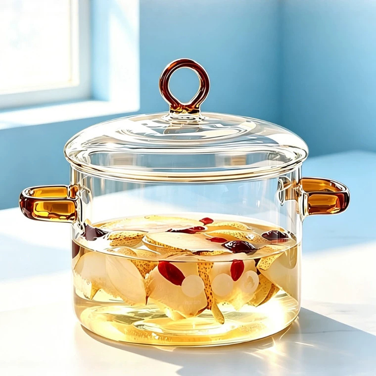Vas din sticlă borosilicată, transparent, cu mâner roșu, pentru flacără deschisă, pentru oden, supe și tăiței, 1.1–2 L