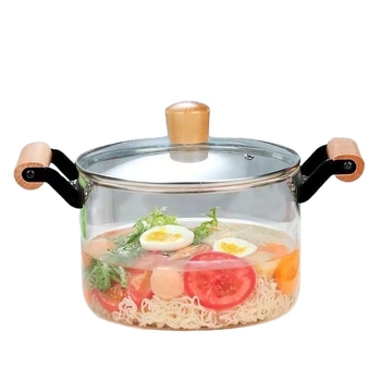 Oală de gătit din sticlă borosilicat rezistentă la temperaturi înalte, cu două mânere din lemn, oală de supă din sticlă cu grosime, oală de wellness din sticlă, oală transparentă pentru vin roșu