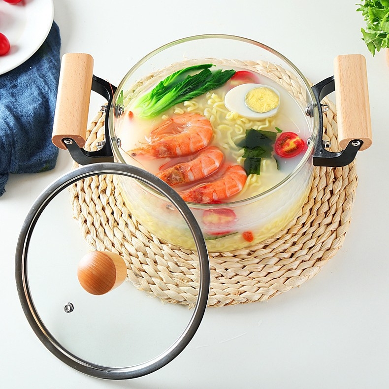 Oală de gătit din sticlă borosilicat rezistentă la temperaturi înalte, cu două mânere din lemn, oală de supă din sticlă cu grosime, oală de wellness din sticlă, oală transparentă pentru vin roșu