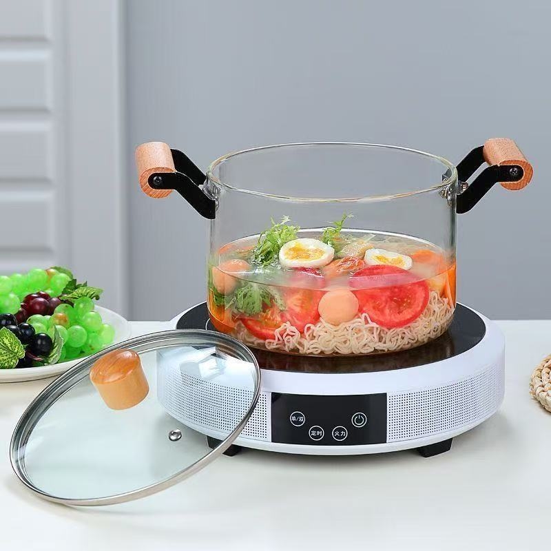Oală de gătit din sticlă borosilicat rezistentă la temperaturi înalte, cu două mânere din lemn, oală de supă din sticlă cu grosime, oală de wellness din sticlă, oală transparentă pentru vin roșu
