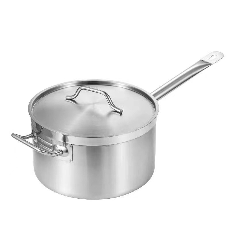 Oală din oțel inoxidabil cu fund triplu-strat, mâner unic, fără strat, compatibilă cu plita cu inducție, rezistentă la temperaturi înalte