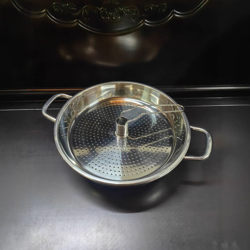 Oală de aburi pentru fructe de mare, 34 cm, oțel inoxidabil, un singur nivel, capac de sticlă