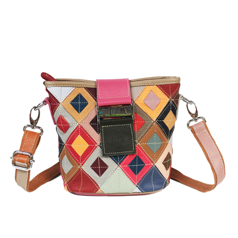 Nova ženska torba od prave kože — bucket torba s rombom i blok boja — prava koža — dugačak naramenica crossbody — europska i američka moda