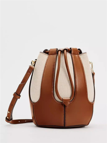 PU ženska bucket torbica, gradski minimalistički stil, kontrastno šivanje, crossbody remen na jedno rame, zatvaranje šnoru, srednje veličine