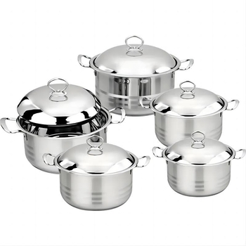 Set de vase din oțel inoxidabil, 10 piese, cu bază triplu-strat și oală de supă