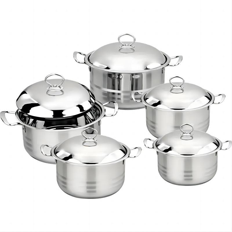 Set de vase din oțel inoxidabil, 10 piese, cu bază triplu-strat și oală de supă