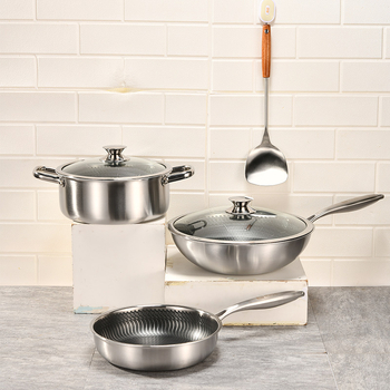 Set de vase din oțel inoxidabil 304, format din trei piese: wok, oală de supă și tigaie, cu strat antiaderent, compatibil cu plite cu inducție și gaz.