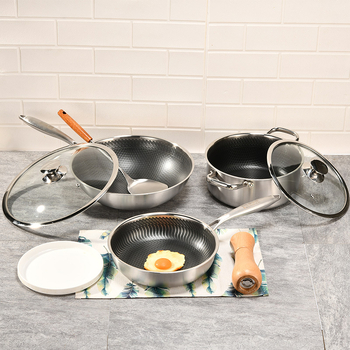 Set de vase din oțel inoxidabil 304, format din trei piese: wok, oală de supă și tigaie, cu strat antiaderent, compatibil cu plite cu inducție și gaz.