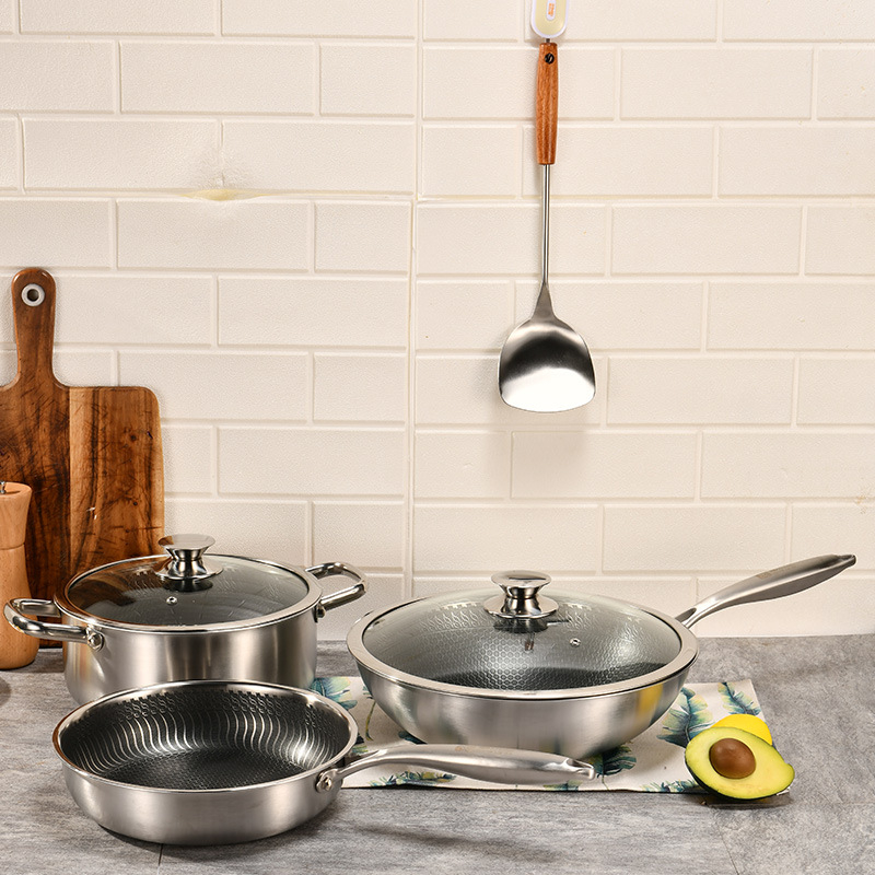 Set de vase din oțel inoxidabil 304, format din trei piese: wok, oală de supă și tigaie, cu strat antiaderent, compatibil cu plite cu inducție și gaz.