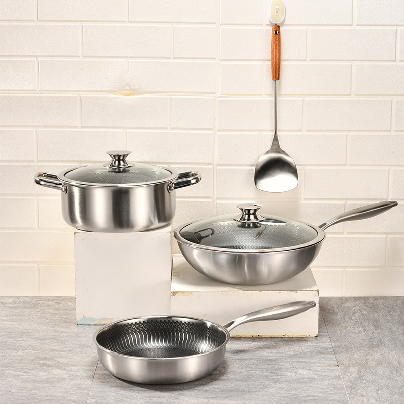 Set de vase din oțel inoxidabil 304, format din trei piese: wok, oală de supă și tigaie, cu strat antiaderent, compatibil cu plite cu inducție și gaz.