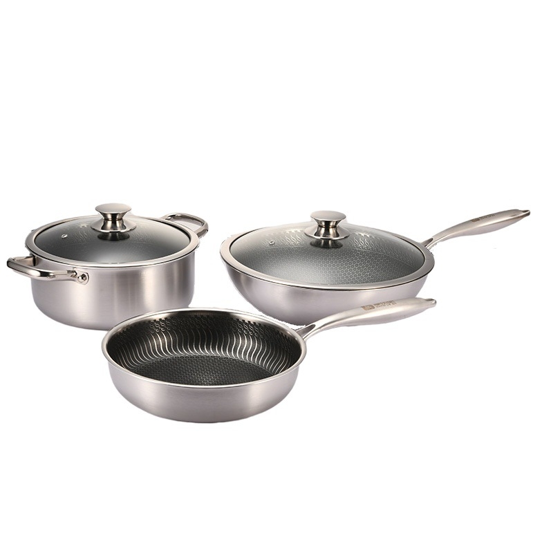 Set de vase din oțel inoxidabil 304, format din trei piese: wok, oală de supă și tigaie, cu strat antiaderent, compatibil cu plite cu inducție și gaz.