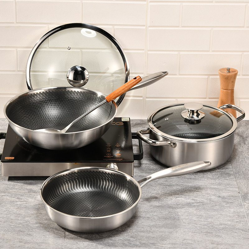 Set de vase din oțel inoxidabil 304, format din trei piese: wok, oală de supă și tigaie, cu strat antiaderent, compatibil cu plite cu inducție și gaz.