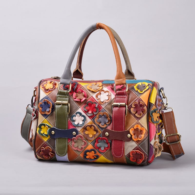 Ženska torbica od prave kože, europsko-američkog stila, retro višebojni cvjetni patchwork, ručno šivana, torba za rame i crossbody.