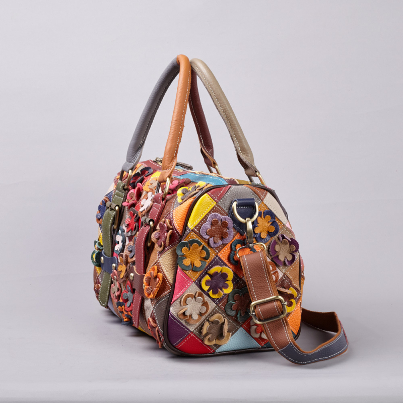 Ženska torbica od prave kože, europsko-američkog stila, retro višebojni cvjetni patchwork, ručno šivana, torba za rame i crossbody.