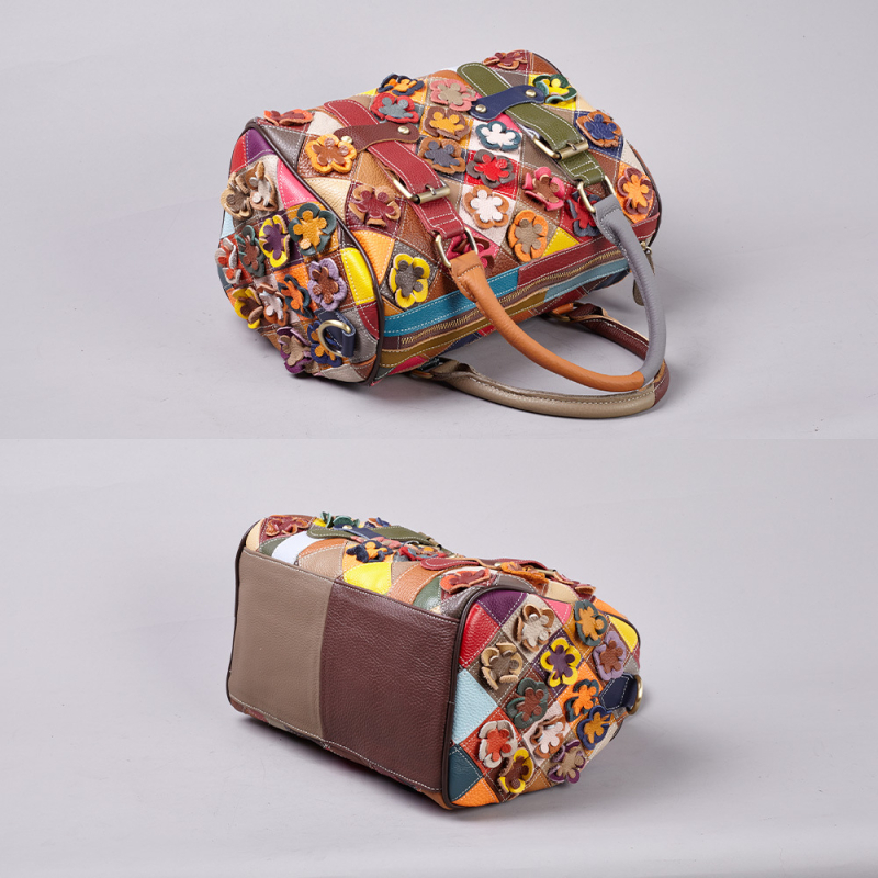 Ženska torbica od prave kože, europsko-američkog stila, retro višebojni cvjetni patchwork, ručno šivana, torba za rame i crossbody.