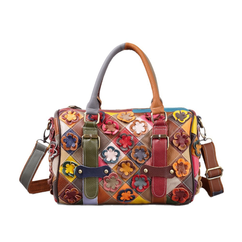 Ženska torbica od prave kože, europsko-američkog stila, retro višebojni cvjetni patchwork, ručno šivana, torba za rame i crossbody.