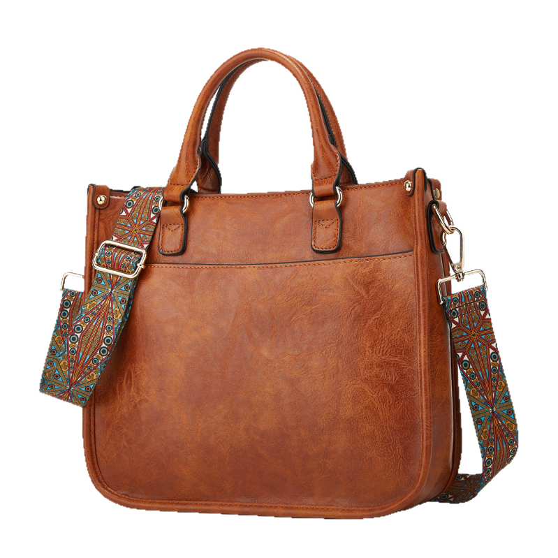 Ženska vintage tote torba 2025 — europsko-američki retro stil, crossbody s širokom remenom, svakodnevna upotreba.