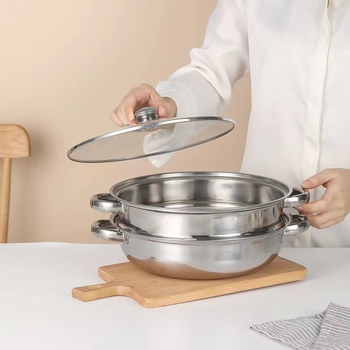 Oală de abur din oțel inoxidabil, două etaje, capac de sticlă, diametru 28 cm