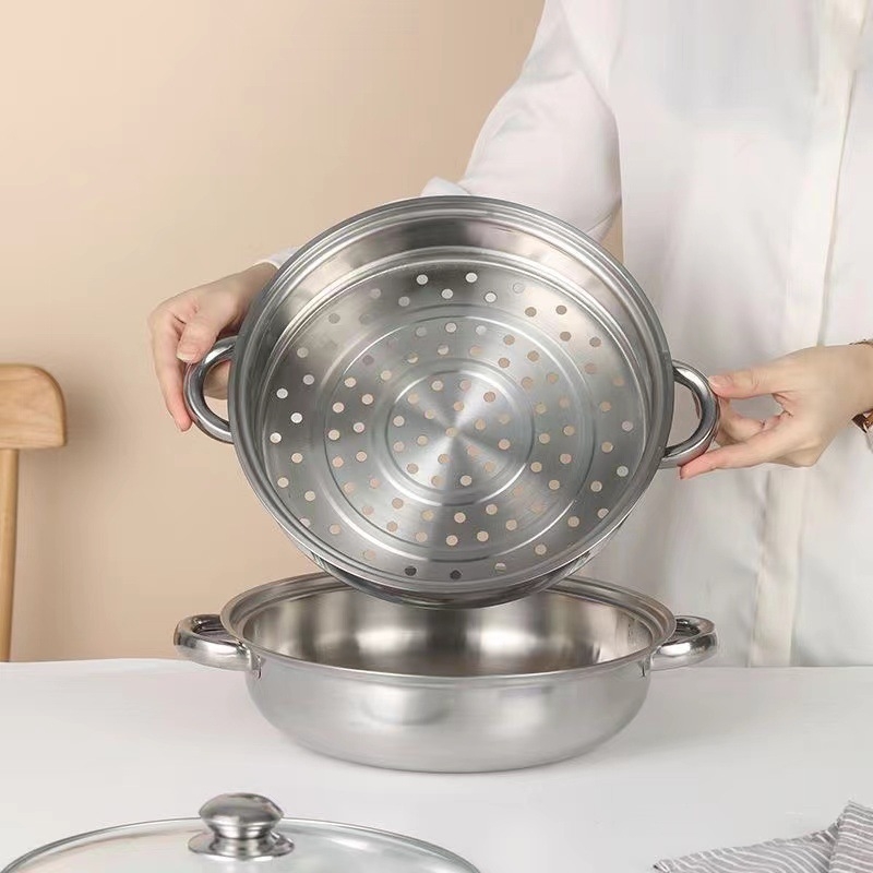 Oală de abur din oțel inoxidabil, două etaje, capac de sticlă, diametru 28 cm