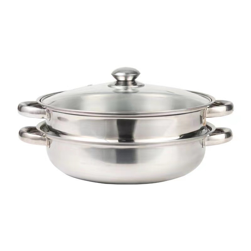 Oală de abur din oțel inoxidabil, două etaje, capac de sticlă, diametru 28 cm