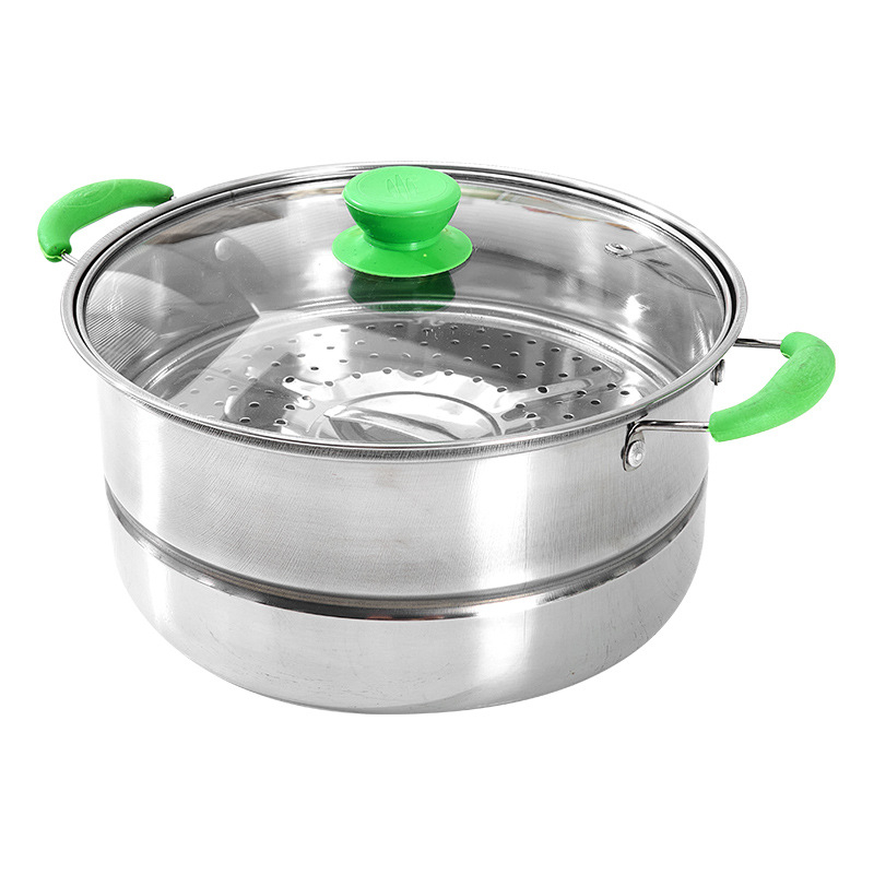 Set de aburi din oțel inoxidabil, cu mânerе verzi, material în contact cu alimente, capac din sticlă, dimensiuni 16–30 cm, rezistent la ruginire