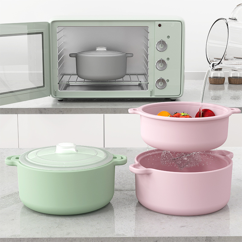 Oală de aburi din silicon alimentar, pentru uz casnic, în diverse dimensiuni, compatibilă cu microundele și air fryer, cu capac, pentru reducerea grăsimilor, gătire la abur a orezului și legumelor