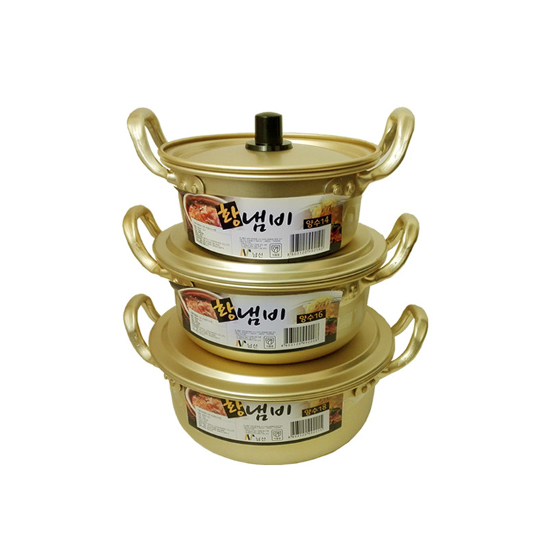 Oală pentru ramen în stil coreean, din aluminiu galben, pentru aburi, capacitate sub 1 litru, capac din aluminiu, compatibilă cu plita cu gaz.