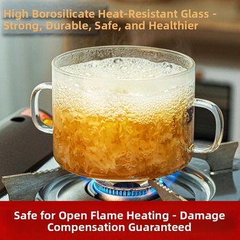 Oală din sticlă borosilicată de înaltă rezistență, pentru flacăra deschisă și cuptorul cu microunde, transparentă, 1.1–2 L, pentru supe și gătit sănătos