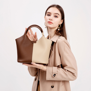 Tote torba od prave kože za žene, široka naramenica, dizajn boje blokova, crossbody torba