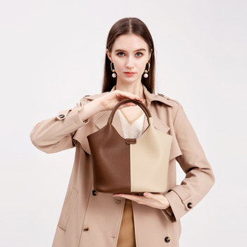 Tote torba od prave kože za žene, široka naramenica, dizajn boje blokova, crossbody torba