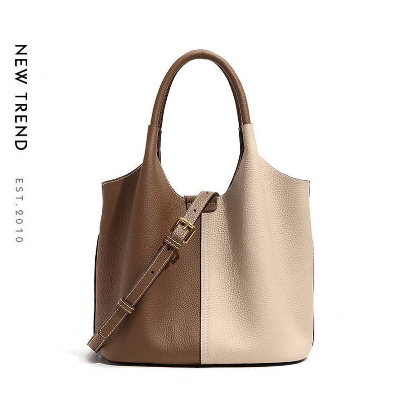 Tote torba od prave kože za žene, široka naramenica, dizajn boje blokova, crossbody torba