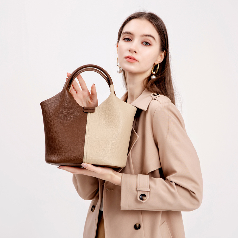 Tote torba od prave kože za žene, široka naramenica, dizajn boje blokova, crossbody torba